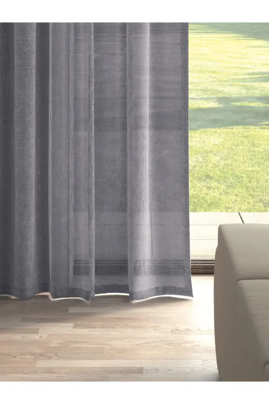 Dark Gray Color Linen Look Plain Tulle Curtain No Ironing Needed-DARK GRAY - 2