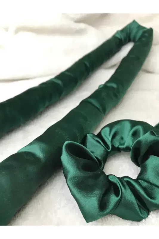 Dark Green Heatless Hair Styling Hair Curler Satin Scrunchie Set-Green - 2