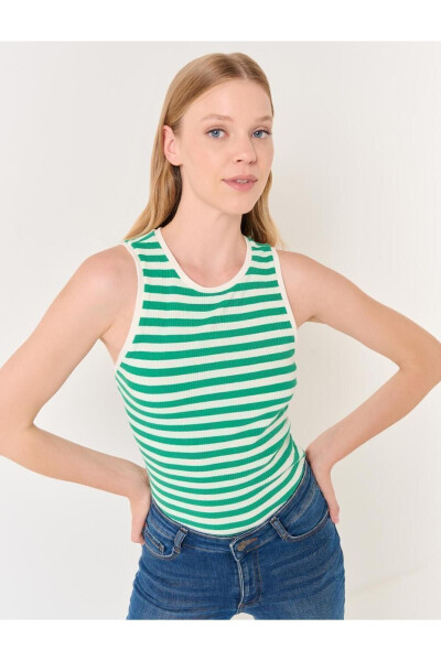 Dark Green Henley Sleeveless Striped Tank Top - 13