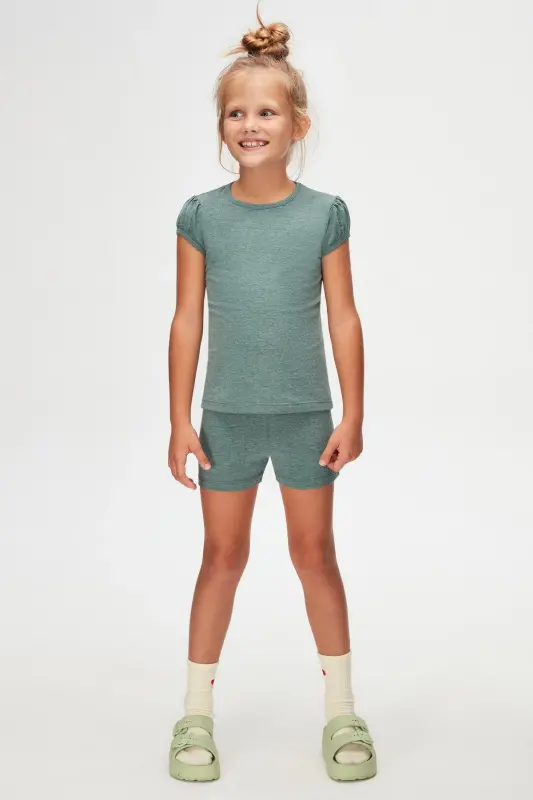 DARK GREEN MELANGE Basic Girls Crew Neck Watermelon Sleeve T-Shirt - 1