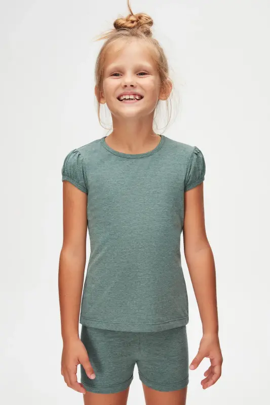 DARK GREEN MELANGE Basic Girls Crew Neck Watermelon Sleeve T-Shirt - 2