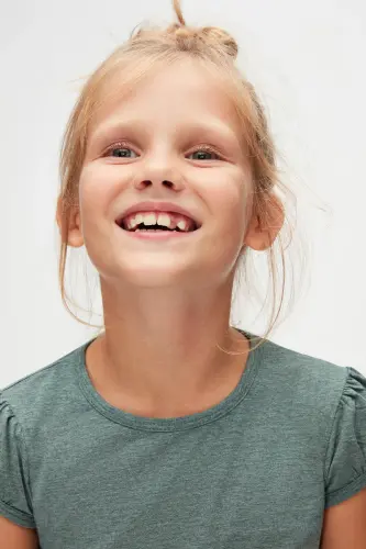 DARK GREEN MELANGE Basic Girls Crew Neck Watermelon Sleeve T-Shirt - 3