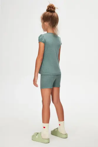 DARK GREEN MELANGE Basic Girls Crew Neck Watermelon Sleeve T-Shirt - 4