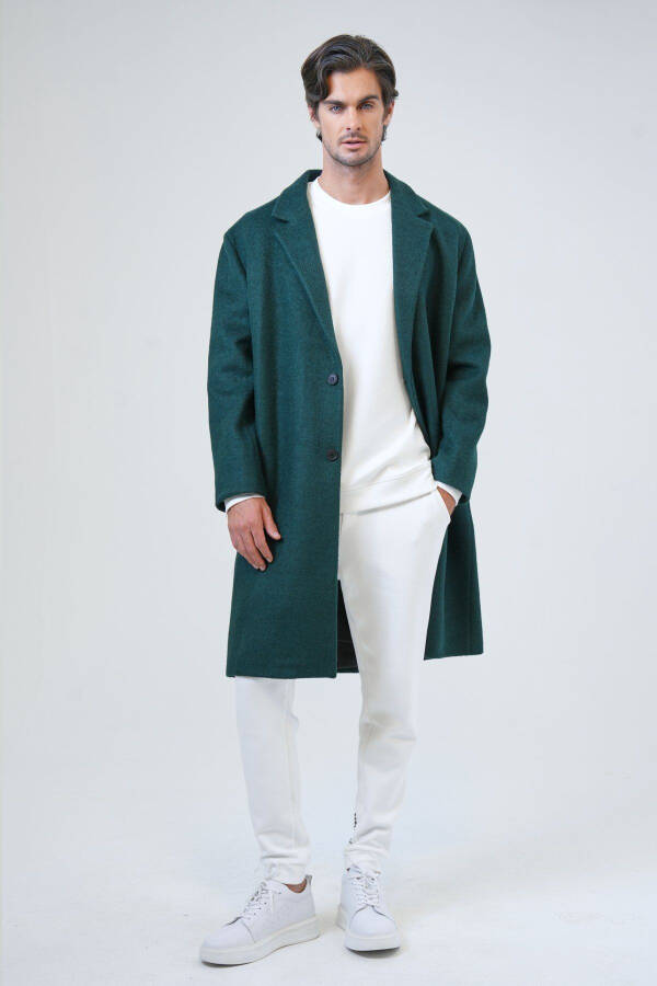 Dark green, oversized fit wool, single breasted cashmere coat. - 4