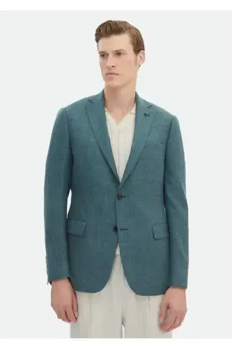 Dark Green Solid Regular Fit Wool Blend Jacket - 1