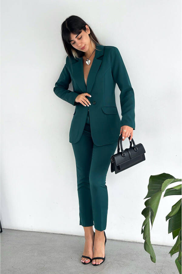 Dark Green Wrap Blazer Jacket Carrot Pants Suit Dress - 3