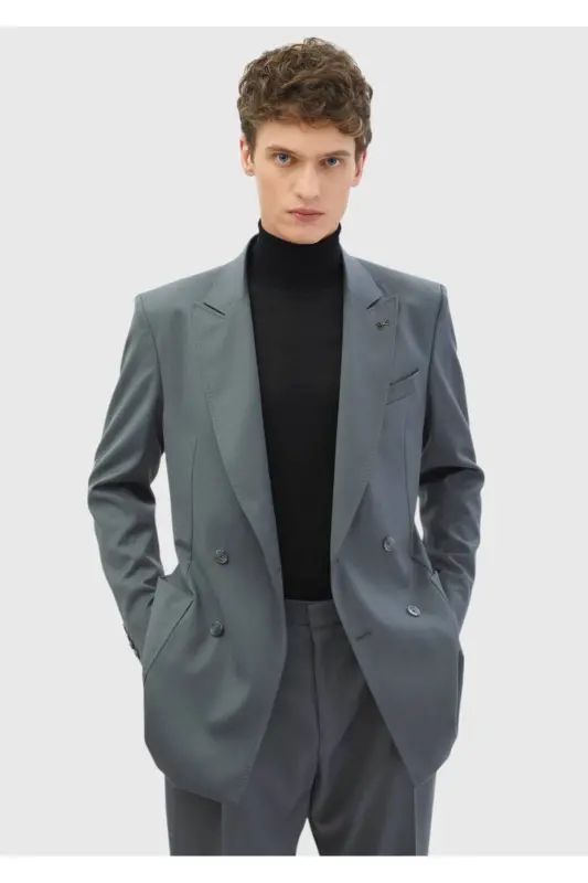 Dark Grey Striped Comfort Fit %100 Wool Suit - 3