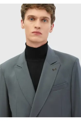 Dark Grey Striped Comfort Fit %100 Wool Suit - 5