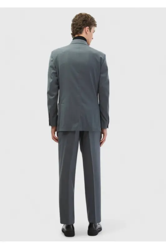 Dark Grey Striped Comfort Fit %100 Wool Suit - 7