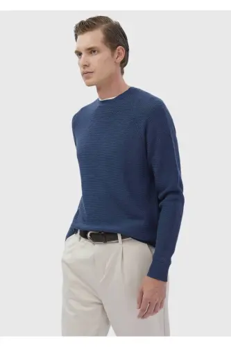 Dark Indigo Crew Neck Jacquard Wool Blend Knitwear - 1