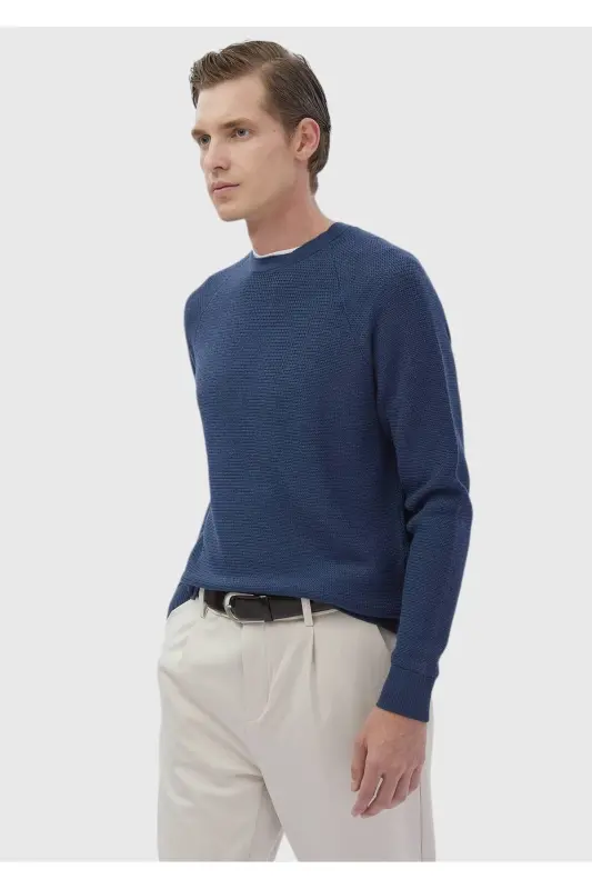 Dark Indigo Crew Neck Jacquard Wool Blend Knitwear - 1