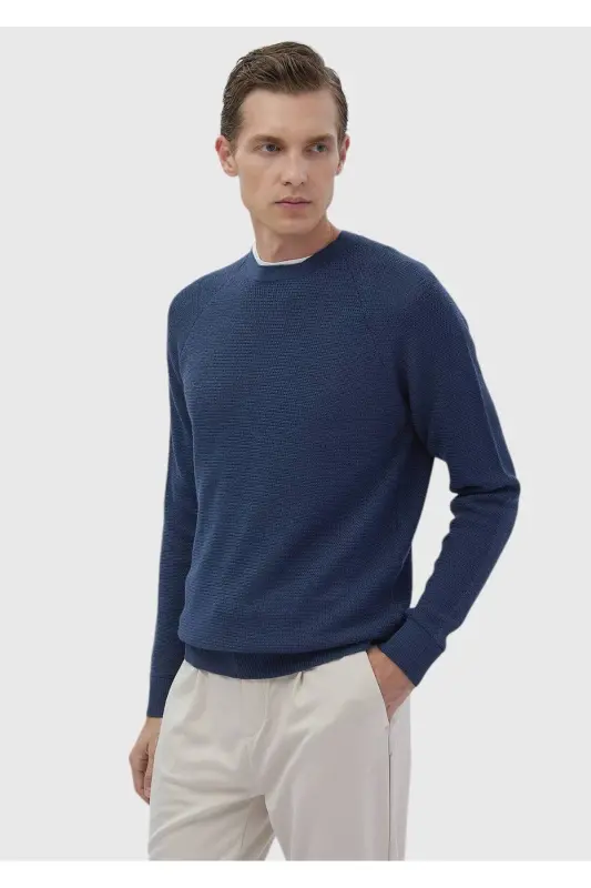 Dark Indigo Crew Neck Jacquard Wool Blend Knitwear - 3