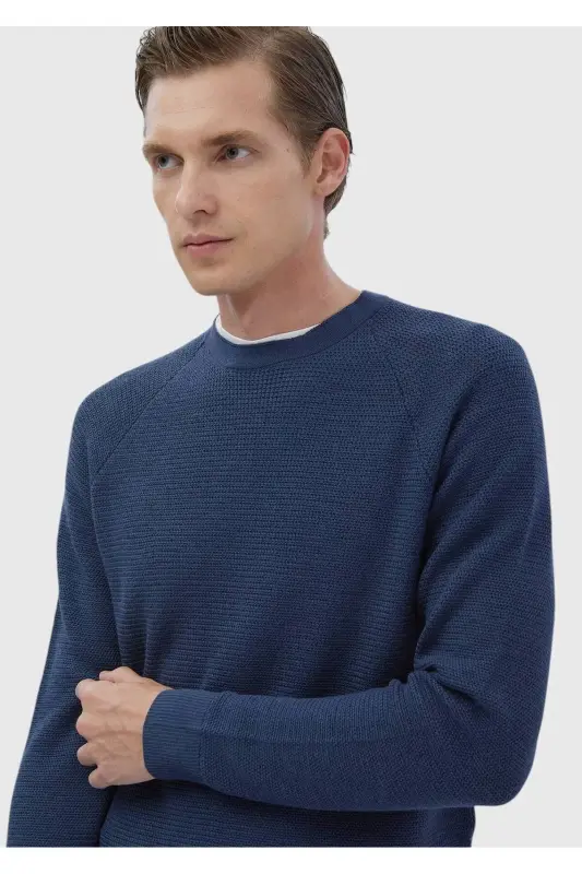 Dark Indigo Crew Neck Jacquard Wool Blend Knitwear - 4