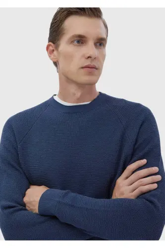 Dark Indigo Crew Neck Jacquard Wool Blend Knitwear - 5