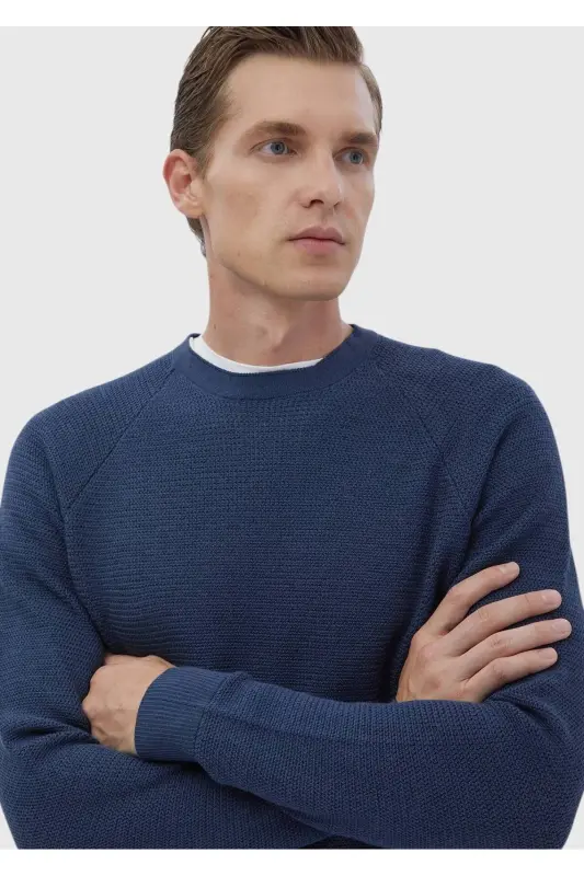 Dark Indigo Crew Neck Jacquard Wool Blend Knitwear - 5