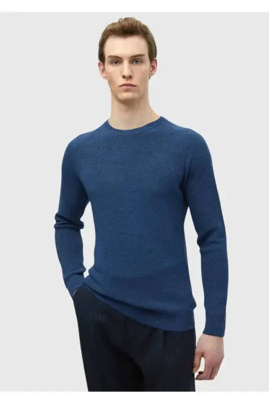Dark Indigo Crew Neck Jacquard Wool Blend Knitwear - RAMSEY