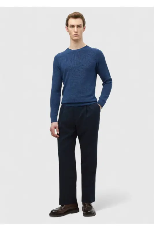 Dark Indigo Crew Neck Jacquard Wool Blend Knitwear - 2