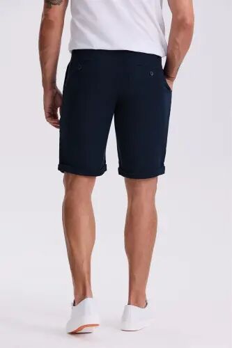 Dark Navy Blue Comfort Fit Linen Textured Relaxed Cut Double Cuffed Shorts - 4