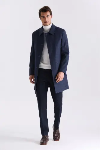 Dark Navy Blue Comfort Fit Mandarin Collar Plaid Woolen Pea Coat - JAKAMEN (1)
