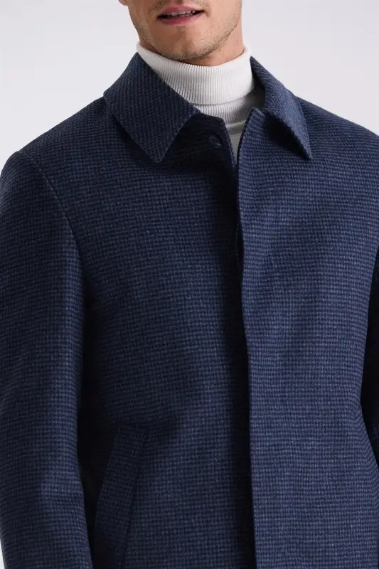 Dark Navy Blue Comfort Fit Mandarin Collar Plaid Woolen Pea Coat - 3