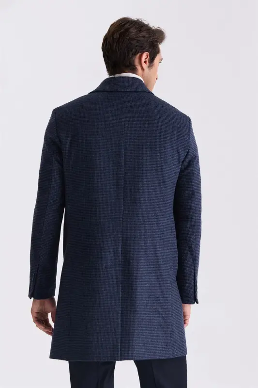 Dark Navy Blue Comfort Fit Mandarin Collar Plaid Woolen Pea Coat - 4