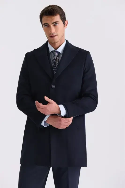 Dark Navy Blue Comfort Fit Peaked Collar Herringbone Wool Cashmere Coat - 1