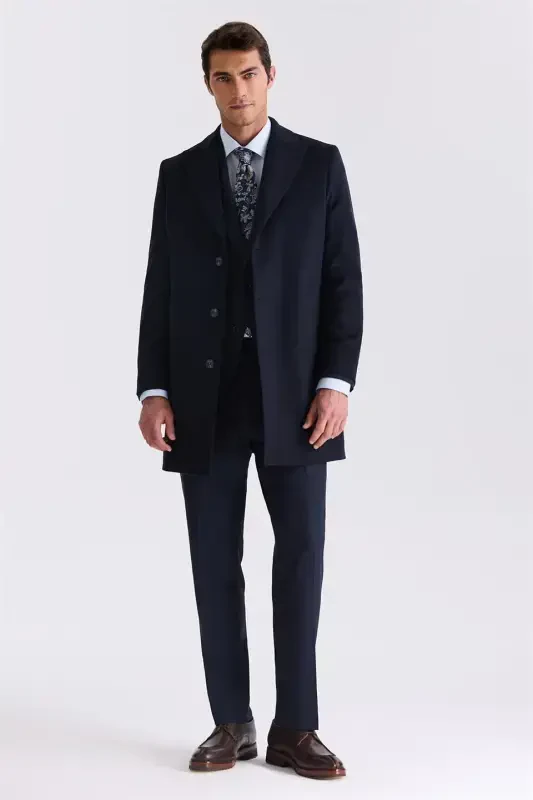 Dark Navy Blue Comfort Fit Peaked Collar Herringbone Wool Cashmere Coat - 2