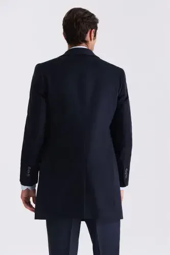 Dark Navy Blue Comfort Fit Peaked Collar Herringbone Wool Cashmere Coat - 4