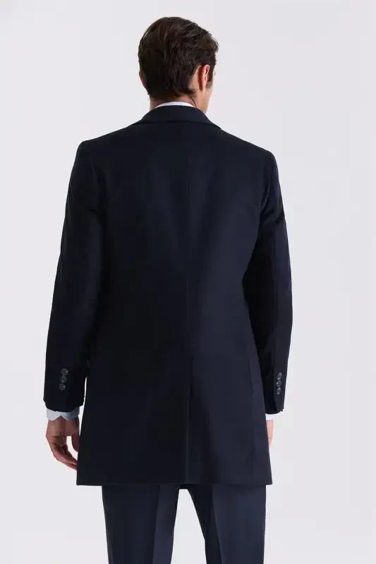 Dark Navy Blue Comfort Fit Peaked Collar Herringbone Wool Cashmere Coat - 4