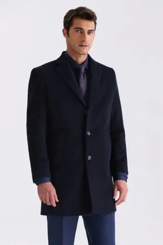Dark Navy Blue Comfort Fit Single Collar Side Pocket Cashmere Coat - 1