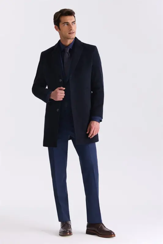 Dark Navy Blue Comfort Fit Single Collar Side Pocket Cashmere Coat - 2