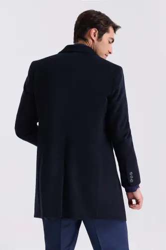 Dark Navy Blue Comfort Fit Single Collar Side Pocket Cashmere Coat - 4