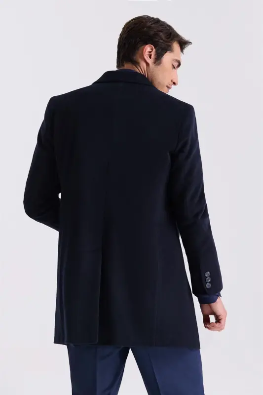 Dark Navy Blue Comfort Fit Single Collar Side Pocket Cashmere Coat - 4