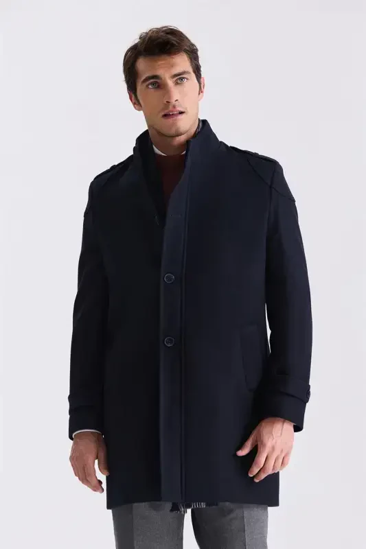Dark Navy Blue Regular Fit Notched Collar Epauletted Wool Cashmere Coat - 2