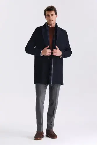 Dark Navy Blue Regular Fit Notched Collar Epauletted Wool Cashmere Coat - 3