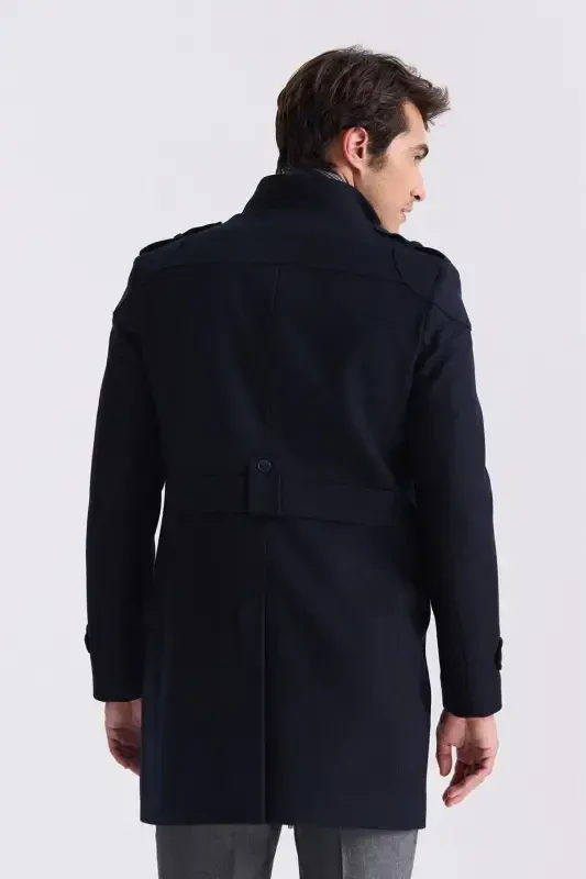 Dark Navy Blue Regular Fit Notched Collar Epauletted Wool Cashmere Coat - 4