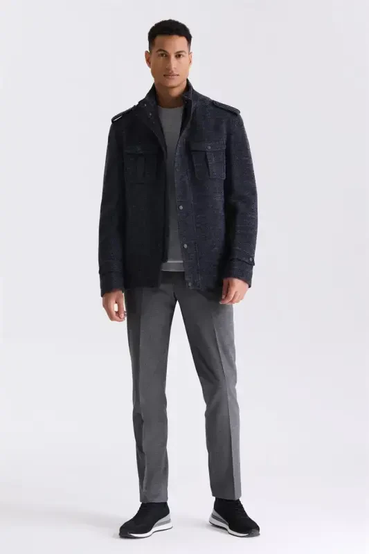 Dark Navy Blue Slim Fit Judge Collar Epaulette Patterned Sport Cashmere Coat - 1