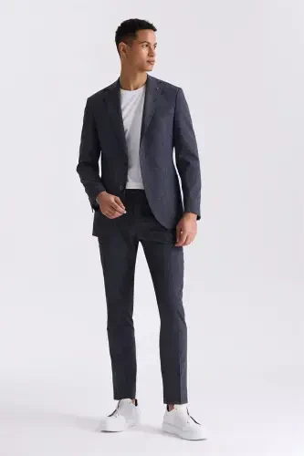 Dark Navy Blue Slim Fit Mono Collar Linen Suit 