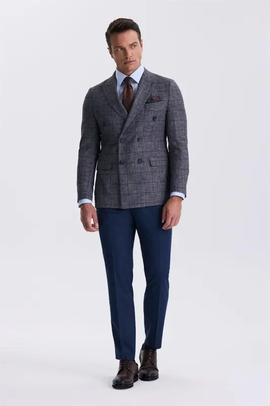 Dark Navy Blue Slim Fit Peak Lapel Checked Combined Double Breasted Suit - 2