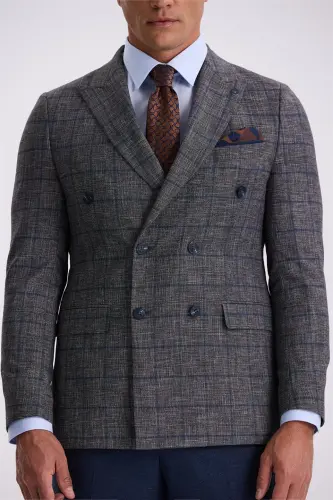 Dark Navy Blue Slim Fit Peak Lapel Checked Combined Double Breasted Suit - 3