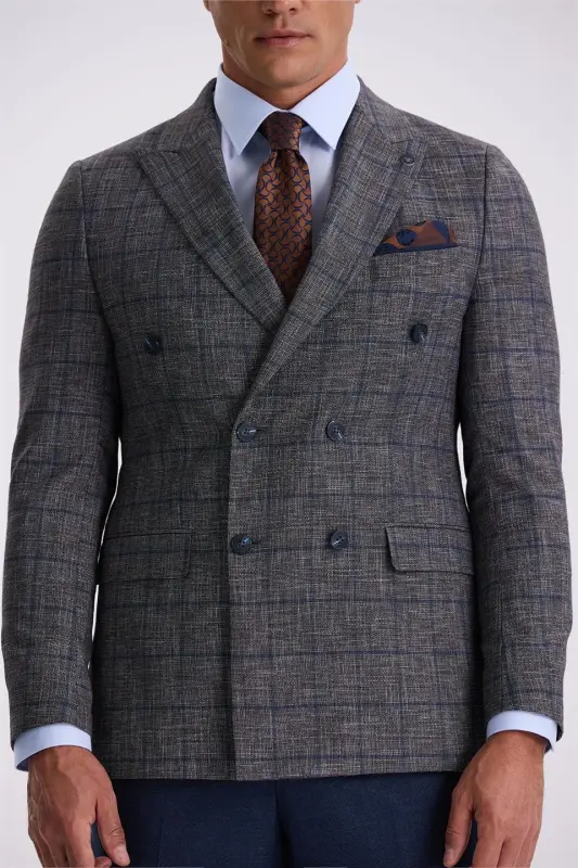 Dark Navy Blue Slim Fit Peak Lapel Checked Combined Double Breasted Suit - 3