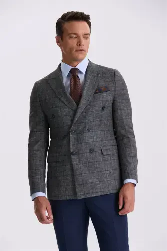 **Dark Navy Blue Slim Fit Swallow Collar Check Combined Double-Breasted Suit** - 1