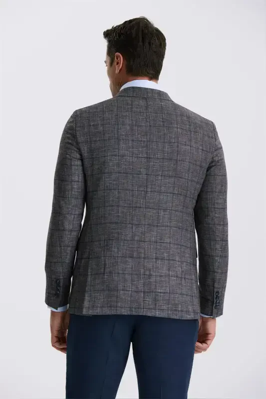 **Dark Navy Blue Slim Fit Swallow Collar Check Combined Double-Breasted Suit** - 4