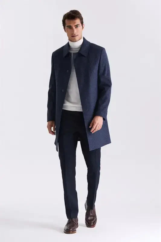 Dark Navy Comfort Fit Berber Collar Plaid Patterned Wool Blend Overcoat - 2