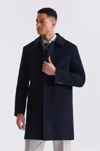 Dark Navy Comfort Fit Berber Collar Wool Blend Coat - 1
