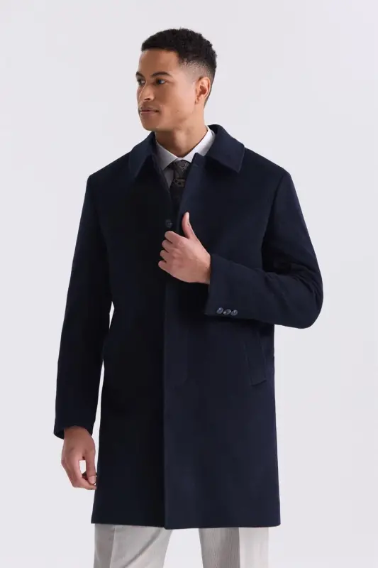 Dark Navy Comfort Fit Berber Collar Wool Blend Coat - JAKAMEN