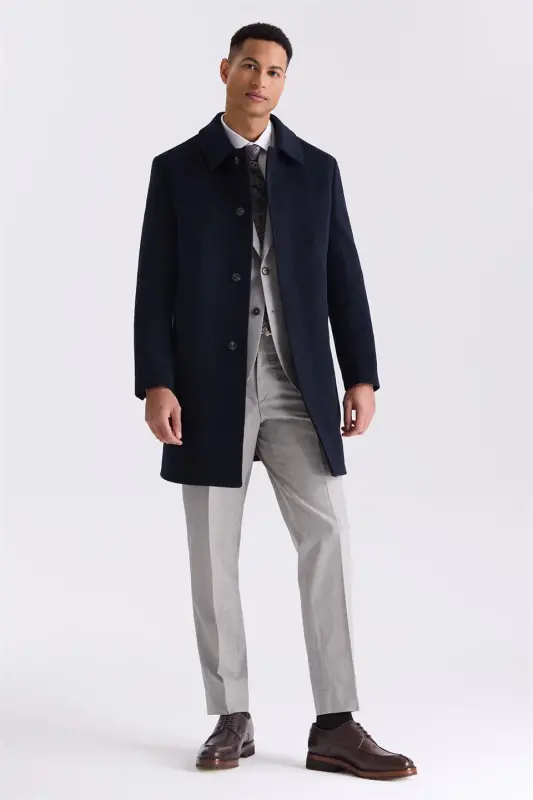 Dark Navy Comfort Fit Berber Collar Wool Blend Coat - 2