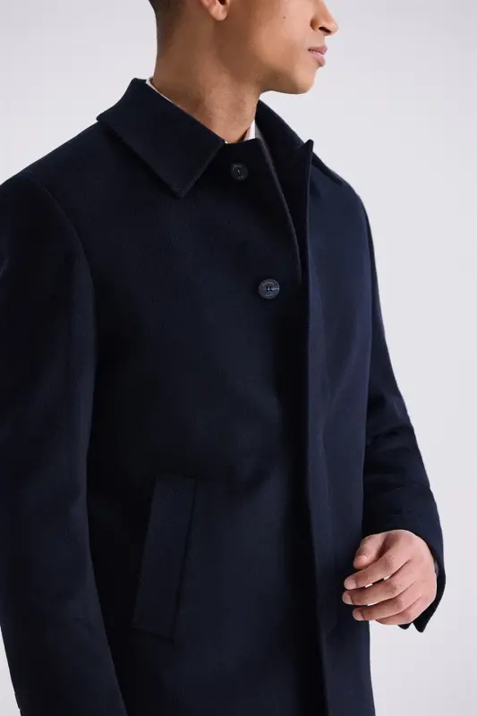 Dark Navy Comfort Fit Berber Collar Wool Blend Coat - 3