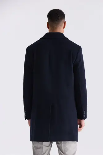 Dark Navy Comfort Fit Berber Collar Wool Blend Coat - 4