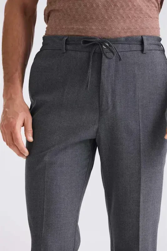 Dark Navy Comfort Fit Elastic Waist Wool Blend Trousers - 2